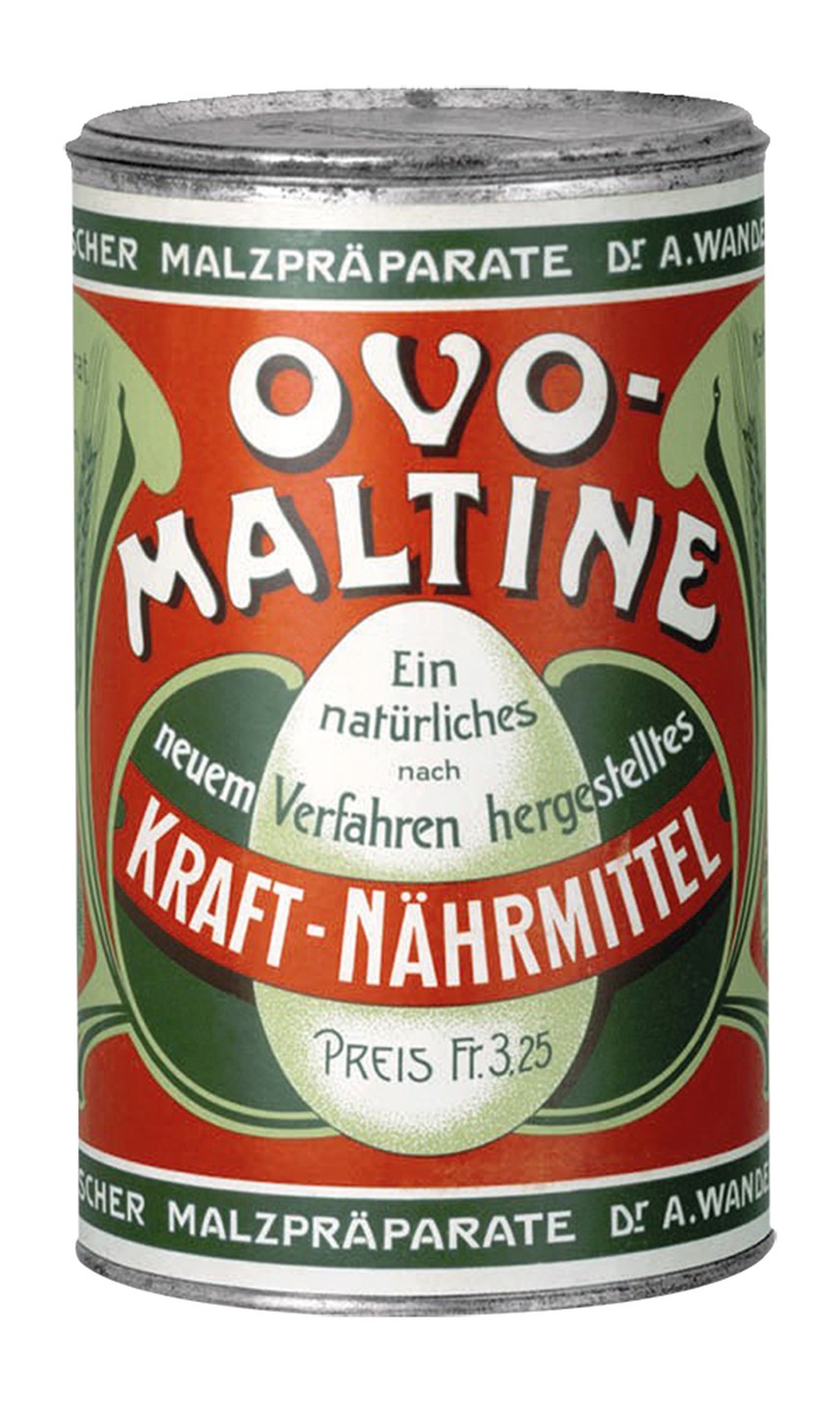 Die erste Ovomaltine-Dose von 1904 war noch nicht im typischen Orange gestaltet.