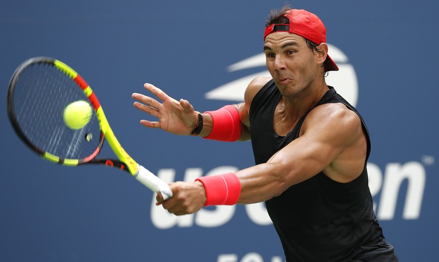 epa06974981 Rafael Nadal of Spain plays during a practice session in Arthur Ashe Stadium a day before the start of the US Open Tennis Championships the USTA National Tennis Center in Flushing Meadows, ...