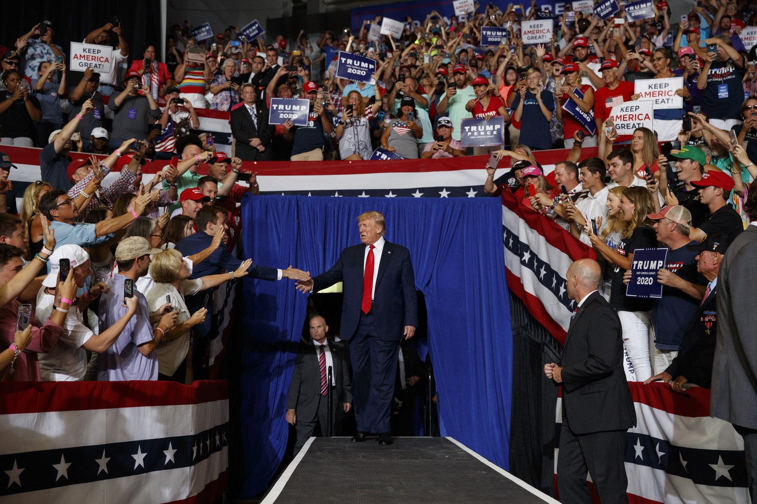 President Donald Trump arrives to speak at a campaign rally at Williams Arena in Greenville, N.C., Wednesday, July 17, 2019. (AP Photo/Carolyn Kaster)
Donald Trump