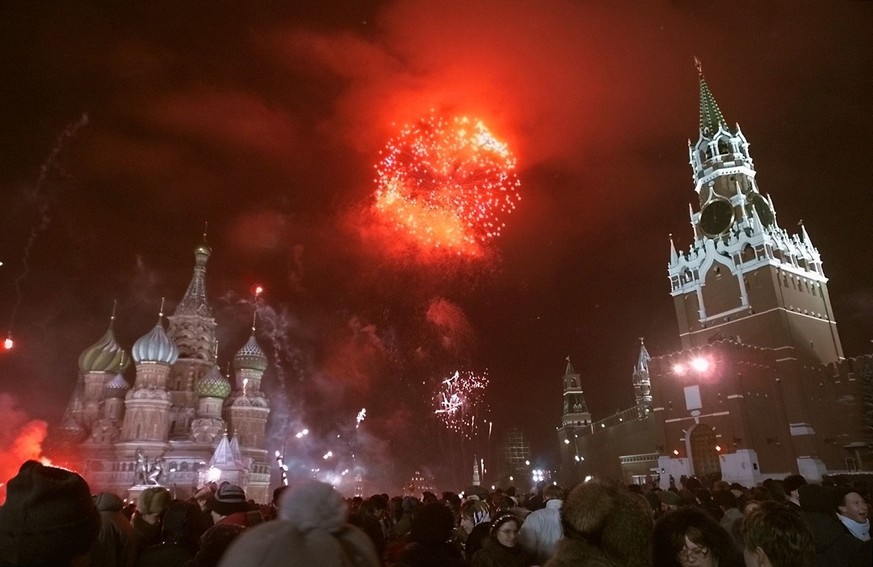 Moscow&#039;s famous Red Square, including St. Basil&#039;s Cathedral (left) is aglow with fireworks as Moscovites celebrate the arrival of the new Millenium just moments after midnight local time Sat ...