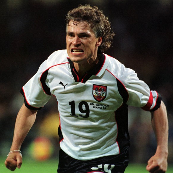 Austria&#039;s Anton Polster jubilates for tje goal hi scored against Cameroon during the Cameroon v Austria, Group B, World Cup 98, soccer match at Stadium Municipal of Toulouse, on Thursday June 11, ...