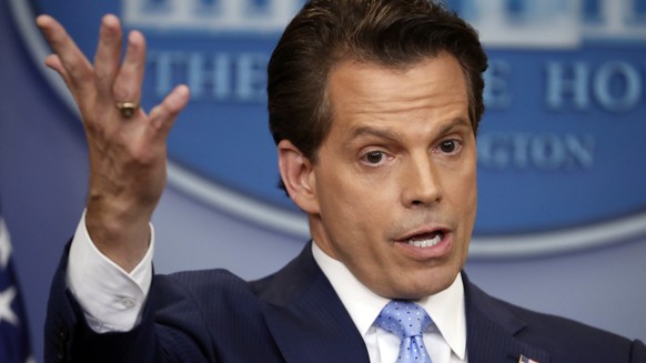 FILE - In this July 21, 2017, file photo, White House communications director Anthony Scaramucci gestures as he answers a question during a press briefing in the Brady Press Briefing room of the White ...