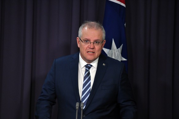 epa08494940 Australian Prime Minister Scott Morrison speaks during a press conference at Parliament House in Canberra, Australia, 19 June 2020. Morrison revealed a &#039;state-based&#039; cyber attack ...