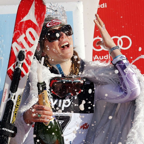 Mikaela Shiffrin from the U.S. celebrates on the podium after the World Cup Women&#039;s Slalom race on Sljeme in Zagreb January 4, 2015. REUTERS/Antonio Bronic (CROATIA - Tags: SPORT SKIING)
