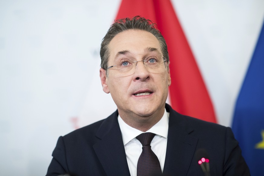 FILE - In this Saturday, May 18, 2019 file photo then Austrian Vice Chancellor Heinz-Christian Strache (Austrian Freedom Party) addresses the media during press conference at the sport ministry in Vie ...