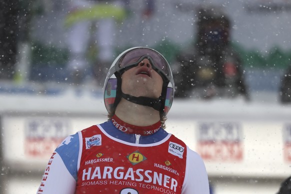 Switzerland&#039;s Marco Odermatt celebrates in the finish area after completing the second run of an alpine ski, World Cup men&#039;s giant slalom in Santa Caterina Valfurva, Italy, Saturday, Dec. 5, ...