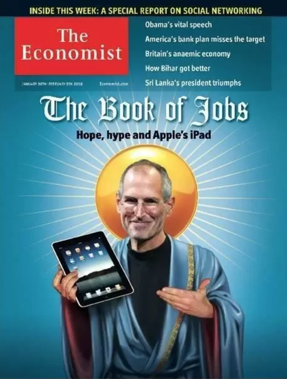 Apple-Fans verehrten den Firmenchef mit religiösem Eifer – wie dieses Cover des «Economist» vom Februar 2010 ironisch verdeutliche, schrieb der «Spiegel».