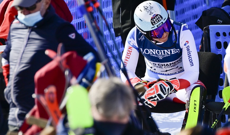 epa09014391 Wendy Holdener of Switzerland reacts in the finish area during the Slalom portion of the Women&#039;s Alpine Combined competition at the FIS Alpine Skiing World Championships in Cortina d& ...