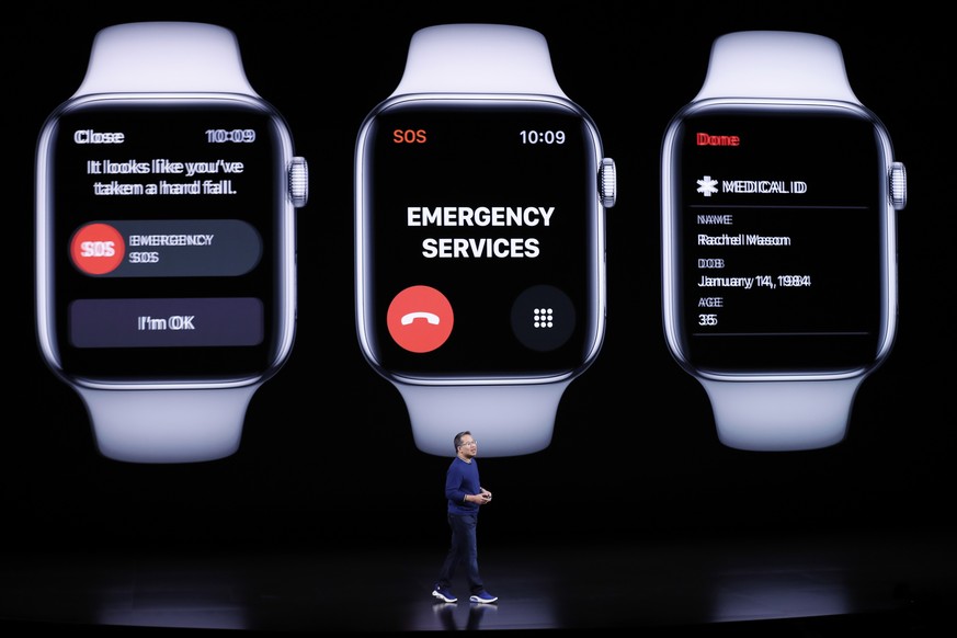 epa07833090 Apple Vice President Product Marketing, Apple Watch, Stan Ng speaks during the Apple Special Event in the Steve Jobs Theater at Apple Park in Cupertino, California, USA, 10 September 2019. ...