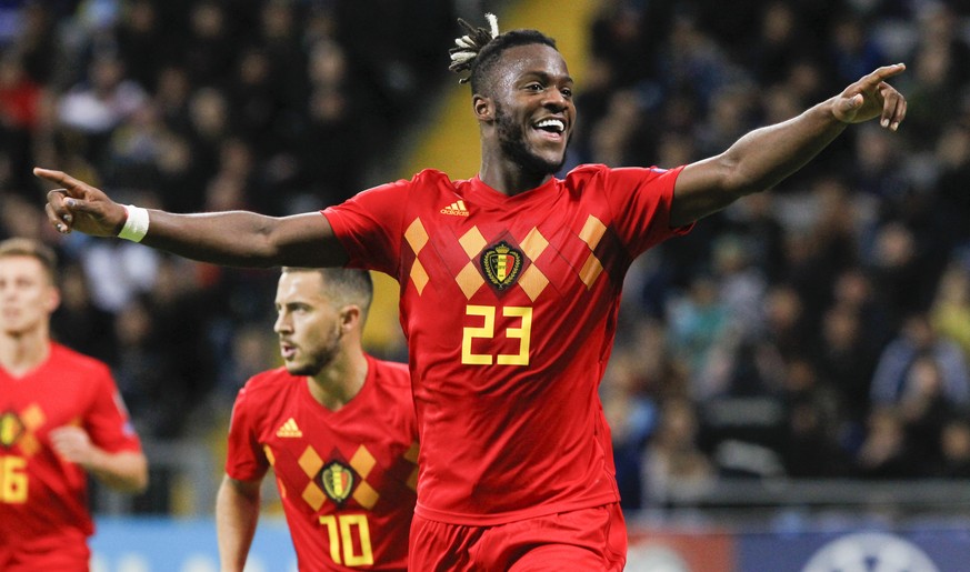 Belgium&#039;s Michy Batshuayi celebrates after scoring the opening goal during the Euro 2020 group I qualifying soccer match between Kazakhstan and Belgium at the Astana Arena stadium in Nur-Sultan,  ...
