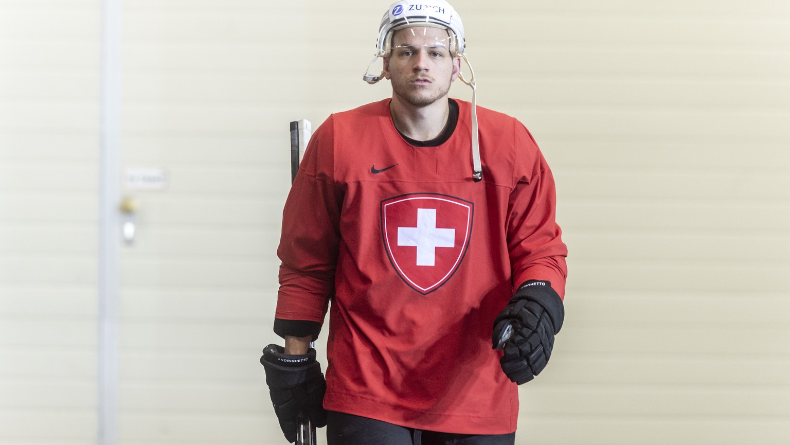 Switzerland`s Sven Andrighetto during a training session of the Swiss team at the IIHF 2019 World Ice Hockey Championships, at the Ondrej Nepela Arena in Bratislava, Slovakia, on Monday, May 13, 2019. ...