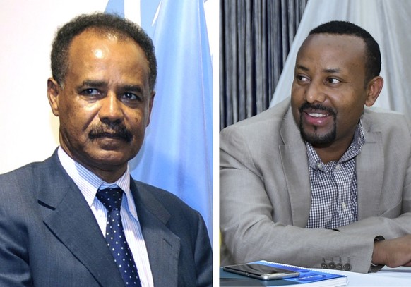 epa06873362 (FILE) - A composite file image showing Ethiopia&#039;s Prime Minister Abiy Ahmed (R) in Aba Geda, Ethiopia, 02 November 2017, and Isaias Afwerki (L), President of Eritrea dated 21 Septemb ...