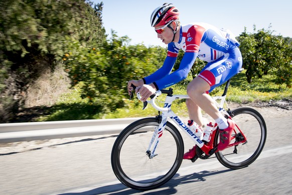 Swiss cyclist Stefan Kueng of the Groupama FDJ cycling team rides his bicycle during a training camp before the beginning of the season, in Calpe, Valencia, eastern Spain, Wednesday, February 6, 2019. ...