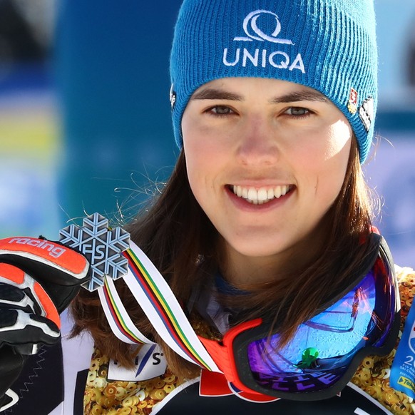epa09026046 Petra Vlhova of Slovakia poses with her Silver medal on the podium for the Women&#039;s Slalom race at the FIS Alpine Skiing World Championships in Cortina d&#039;Ampezzo, Italy, 20 Februa ...