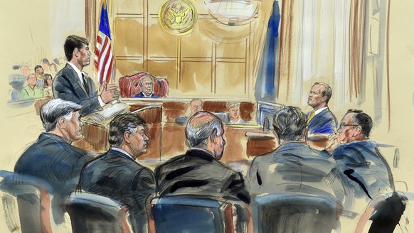 This courtroom sketch depicts Rick Gates, right, answering questions by prosecutor Greg Andres as he testifies in the trial of Paul Manafort, seated second from left, at the Alexandria Federal Courtho ...