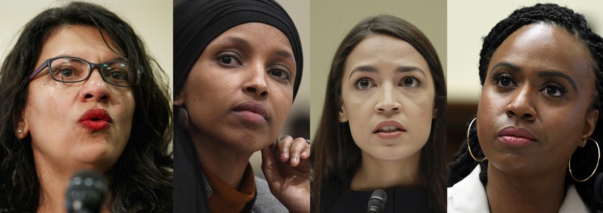In this combination image from left; Rep. Rashida Tlaib, D-Mich., July 10, 2019, Washington, Rep. Ilhan Omar, D-Minn., March 12, 2019, in Washington, Rep. Alexandria Ocasio-Cortez, D-NY., July 12, 201 ...