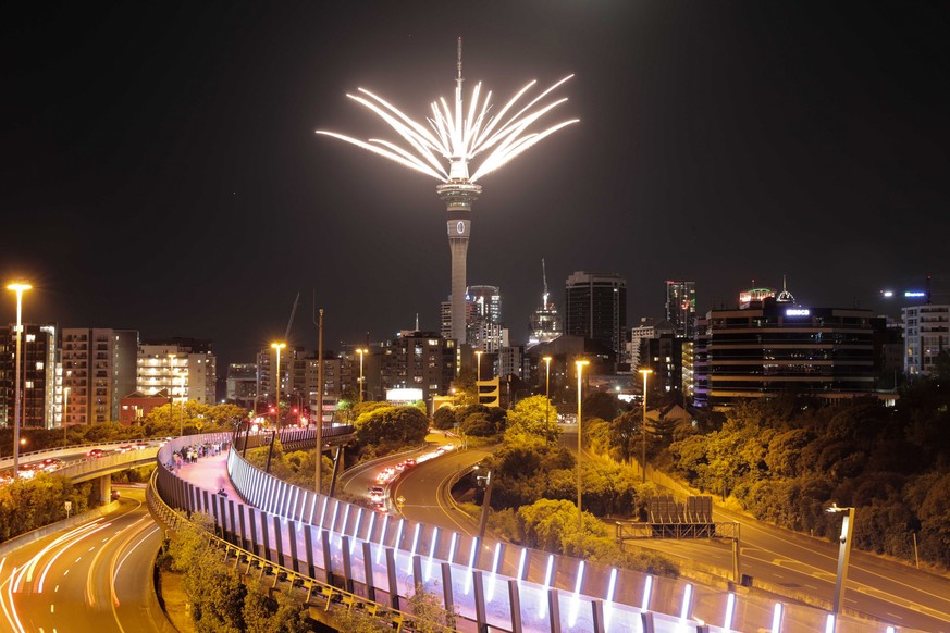 Fireworks are launched from the Sky Tower to mark the changing of the year on New Year&#039;s eve in Auckland, New Zealand, Thursday, Dec. 31, 2020. New Zealand and its South Pacific island neighbors  ...