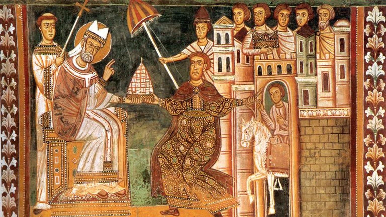Papst Silvester I. erhält von Konstantin die Papstkrone Fresko in Santi Quattro Coronati in Rom (1247)
https://de.wikipedia.org/wiki/Silvester_I.#/media/Datei:Sylvester_I_and_Constantine.jpg