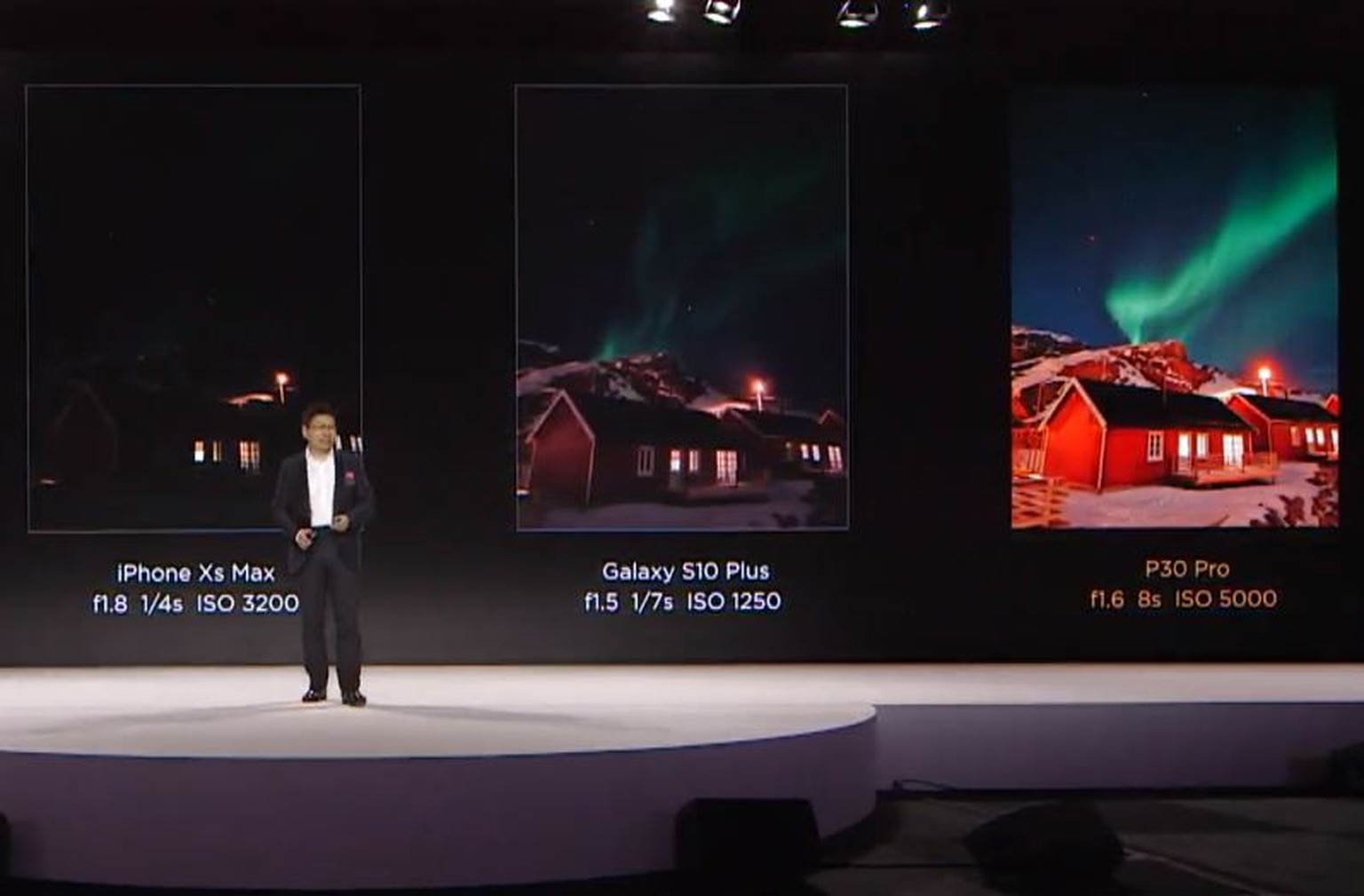Huawei gibt mit seiner neuen Handy-Kamera an, die Apple (links) und Samsung (Mitte) haushoch überlegen sei.