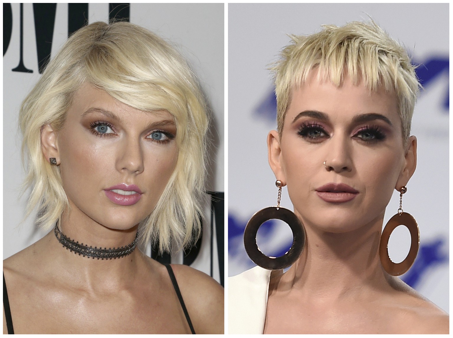 This combination of photos shows Taylor Swift, left, on May 10, 2016, in Beverly Hills, Calif., and Katy Perry, right, on Aug. 27, 2017, in Inglewood, Calif., Aug. 27, 2017. Swift received a peace off ...