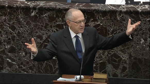 In this image from video, Alan Dershowitz, an attorney for President Donald Trump, speaks during the impeachment trial against Trump in the Senate at the U.S. Capitol in Washington, Monday, Jan. 27, 2 ...