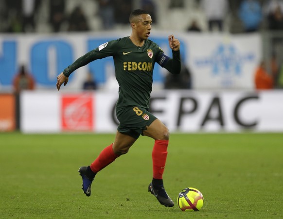 Monaco midfielder Youri Tielemans challenges for the ball during the League One soccer match between Marseille and Monaco at the Velodrome stadium, in Marseille, southern France, Sunday, Jan. 13, 2019 ...