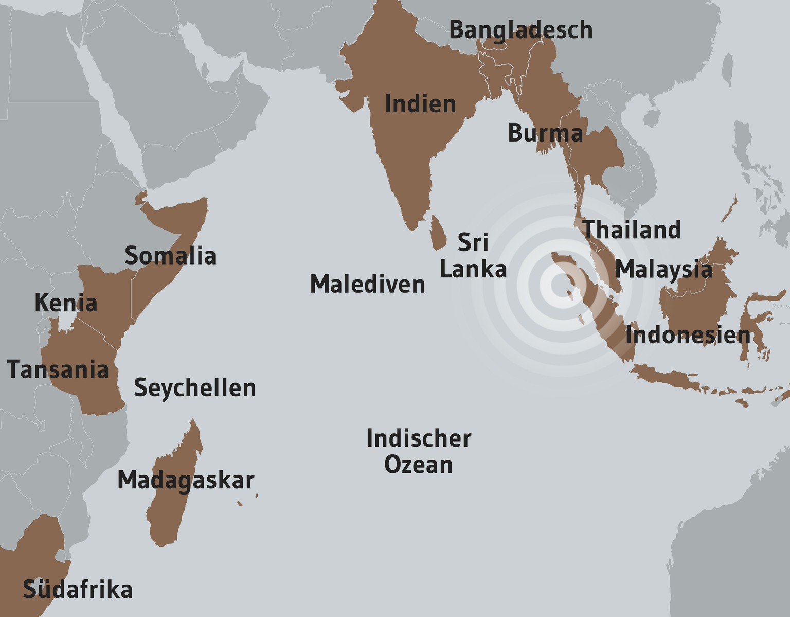 Karte der vom Seebeben und den Flutwellen am stärksten betroffenen Länder.