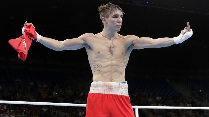 EDS NOTE: OBSCENE GESTURE - Ireland&#039;s Michael John Conlan gestures after losing a men&#039;s bantamweight 56-kg quarterfinals boxing match by a decision against Russia&#039;s Vladimir Nikitin at  ...