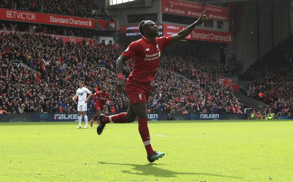 Liverpool&#039;s Sadio Mane celebrates scoring his side&#039;s second goal of the game during the English Premier League soccer match between Liverpool and Burnley at Anfield, Liverpool, England, Sund ...