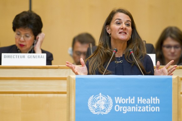 Melinda Gates, 2014, vor der WHO in Genf.