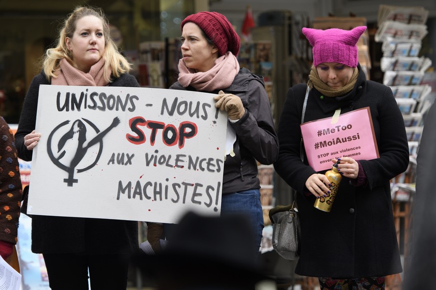 Women demonstrate during a rally #MeToo against gender-based and sexual violence against women on the International Day for the Elimination of Violence against Women in Lausanne, Switzerland, Saturday ...