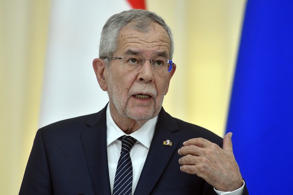 epa07572820 Austrian Federal President Alexander Van der Bellen speaks during a joint news conference with Russian President Vladimir Putin (not pictured) following their talks in the Black Sea resort ...