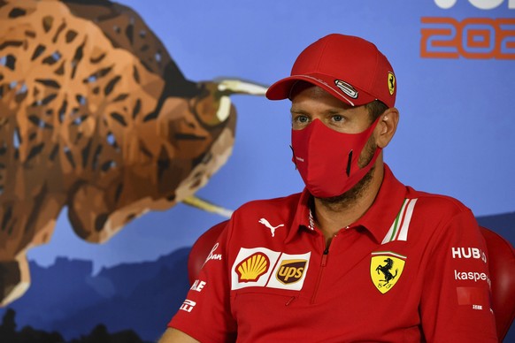 Ferrari driver Sebastian Vettel of Germany speaks during drivers news conference the at the Red Bull Ring racetrack in Spielberg in Spielberg, Austria, Thursday, July 2, 2020. Austrian Formula One Gra ...