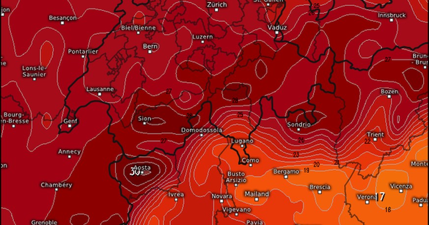 Temperaturbild vom Wetterdienst Kachelmann.com zeigt die bevorstehende Hitzewelle.