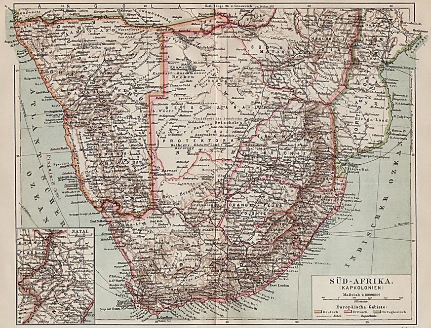 Südafrika in der Kolonialzeit: In orange das Gebiet des Deutschen Reiches.