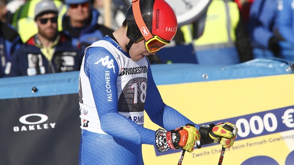 Italy&#039;s Christof Innerhofer gets to the finish area after completing alpine ski, men&#039;s World Cup downhill, in Garmisch-Partenkirchen, Germany, Saturday, Jan. 27, 2018. (AP Photo/Giovanni Aul ...