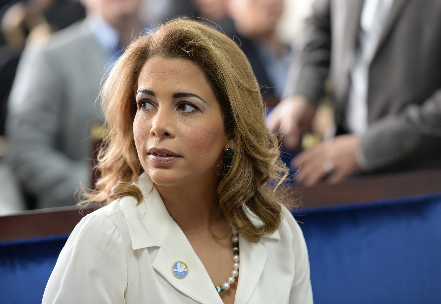 Princess Haya bint al-Hussein, the wife of the Prime Minister of the UAE and Ruler of Dubai, waits for United Nations Secretary-General Ban Ki-moon to arrive for a press conference ahead of the launch ...