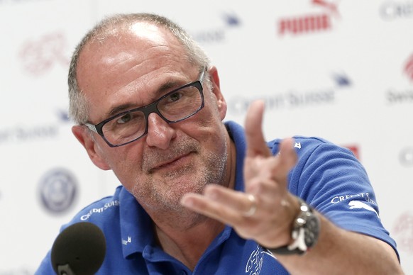 Peter Gillieron, president of the Swiss football association, speaks to journalists during a media conference of the Swiss national soccer team in Porto Seguro, Brazil, Friday, June 27, 2014. (KEYSTON ...