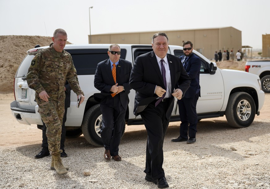 US Secretary of State Mike Pompeo arrives to have lunch with members of the US military at the Prince Sultan air base in Al-Kharj, in central Saudi Arabia Thursday, Feb. 20, 2020. Pompeo met with Saud ...