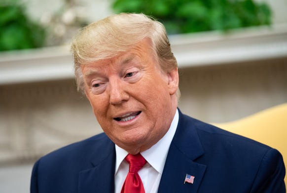epa07706022 US President Donald J. Trump answers a question about politically connected financier Jeffrey Epstein as he takes questions during a meeting with Qatar&#039;s Emir Sheikh Tamim Bin Hamad A ...