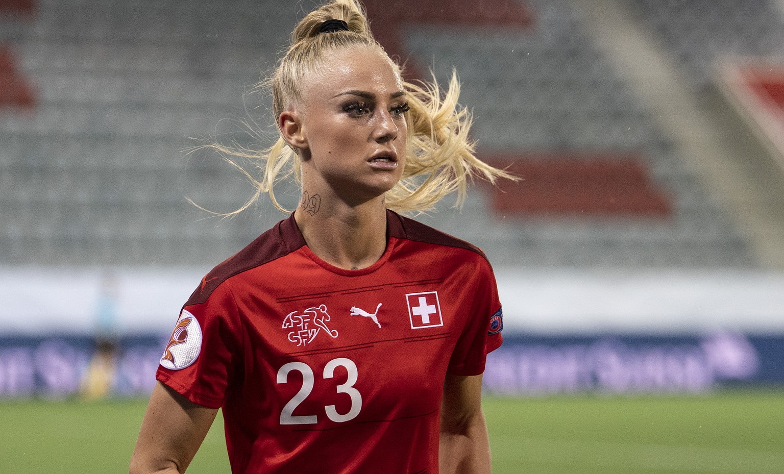 Switzerland&#039;s Alisha Lehmann reacts during the UEFA European Women&#039;s Championship 2022 qualification round Group H match between Switzerland and Belgium, at the Stockhorn Arena in Thun, Swit ...