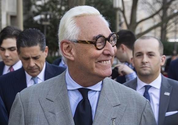 epa07436676 Roger Stone, a longtime political advisor to US President Donald J. Trump, departs after a hearing at the DC Federal District Court in Washington, DC, USA, 14 March 2019. Special Counsel R ...