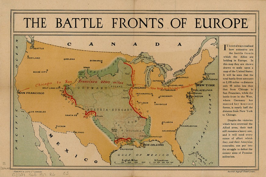 Karte: Frontverlauf des Ersten Weltkriegs (1917) im Vergleich zur Landmasse der USA