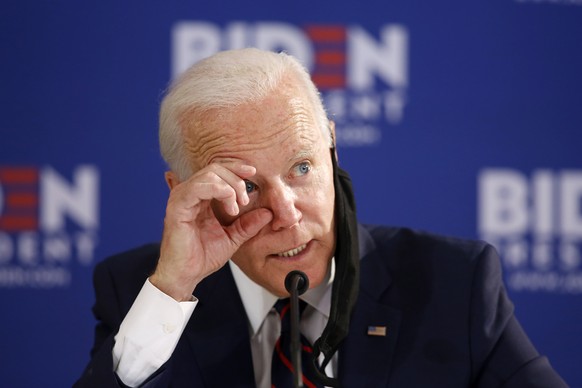 Democratic presidential candidate, former Vice President Joe Biden gestures while discussing eye exams during a roundtable on economic reopening with community members, Thursday, June 11, 2020, in Phi ...