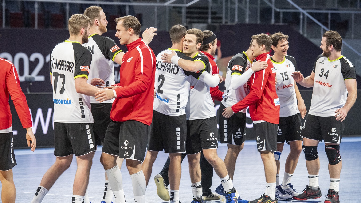 Switzerland&#039;s Team react after the game at the 27th Men&#039;s Handball World Championship 2021 Main Round Group 3 match between Switzerland and Algeria in Madinat Sittah Uktubar in Egypt, on Sun ...