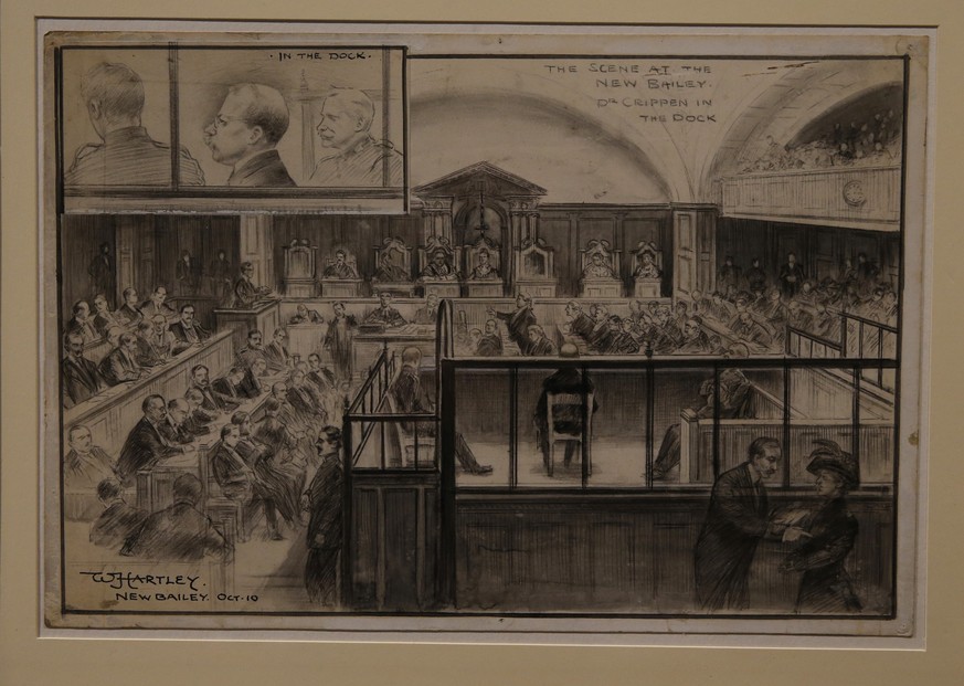 Diese Zeichnung zeigt den Gerichtssaal während Crippens Verhandlung.