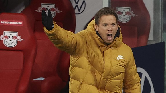 Leipzig&#039;s head coach Julian Nagelsmann reacts during the German Bundesliga soccer match between RB Leipzig and TSG 1899 Hoffenheim in Leipzig, Germany, Friday, April 16, 2021. (Jan Woitas/Pool vi ...