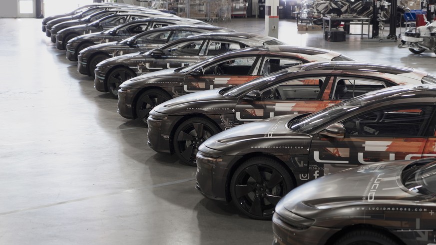 This undated photo provided by Lucid Motors shows Lucid Air beta prototypes in California. After a three-month delay because of coronavirus stay-home orders, engineers at Lucid Motors&#039; Silicon Va ...