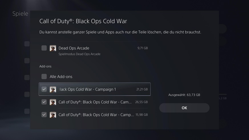 Die Spielmodi aus «Call of Duty: Black Ops Cold War» lassen sich individuell entfernen. Löscht du die Kampagne nach dem Durchspielen, spart dir das satte 63,73 GB.