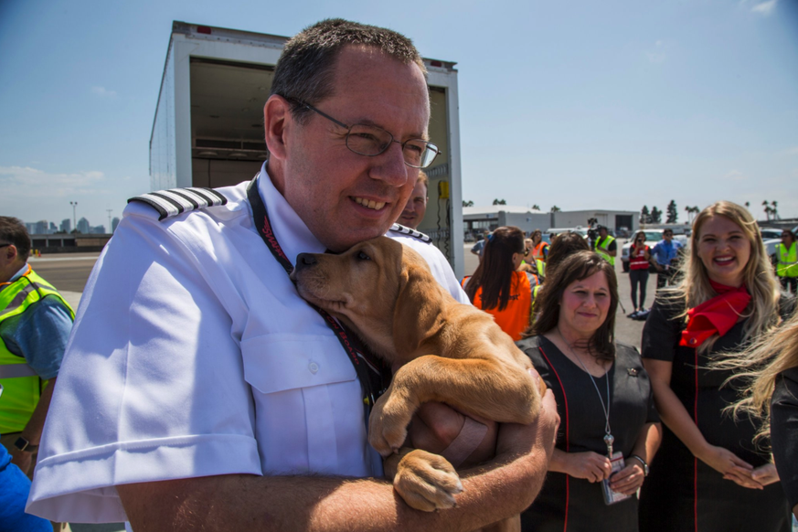 Liess es sich nicht nehmen, kurz vor Abflug noch mit einem Hund zu kuscheln: Pilot von Southwest Airlines.